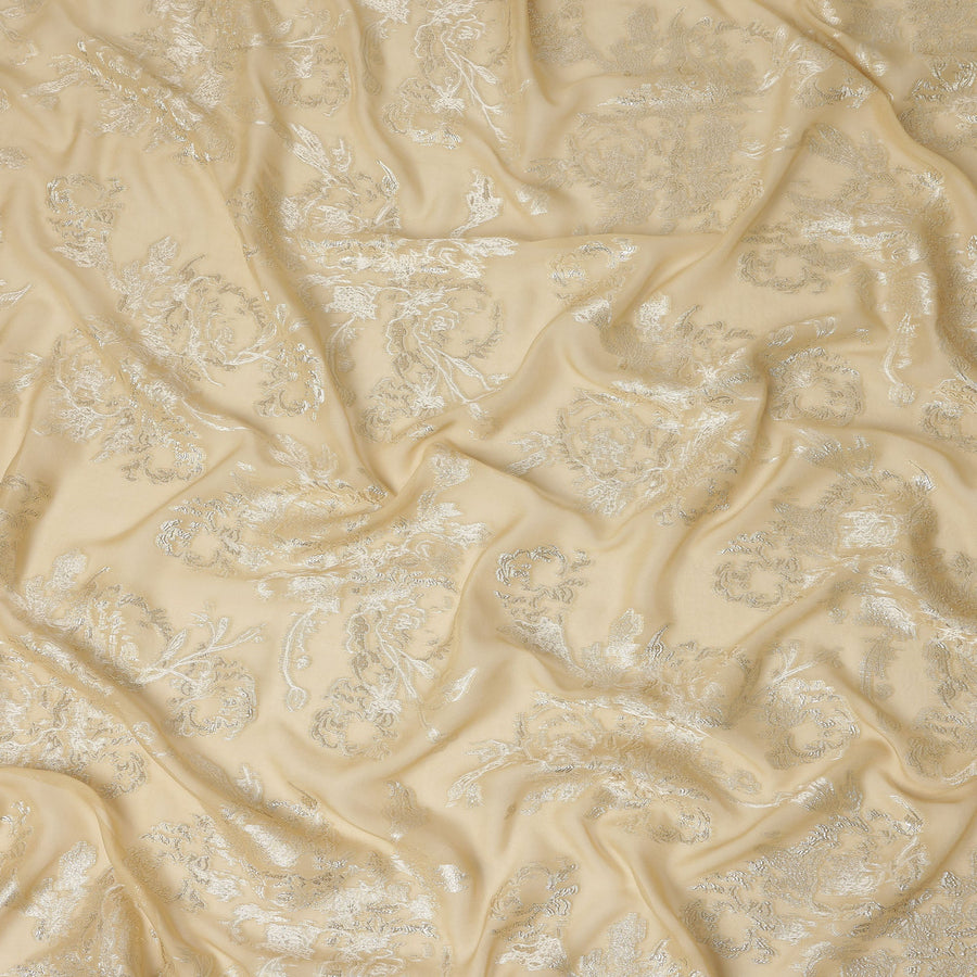Beige Silver Floral Metallic Lurex Silk Chiffon Fabric 110 Cms Wide, Made in South Korea-D27541