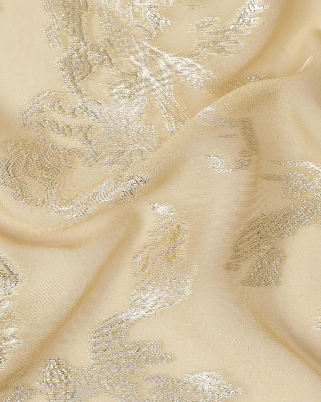 Beige Silver Floral Metallic Lurex Silk Chiffon Fabric 110 Cms Wide, Made in South Korea-D27541
