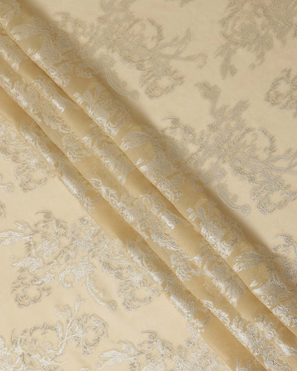 Beige Silver Floral Metallic Lurex Silk Chiffon Fabric 110 Cms Wide, Made in South Korea-D27541
