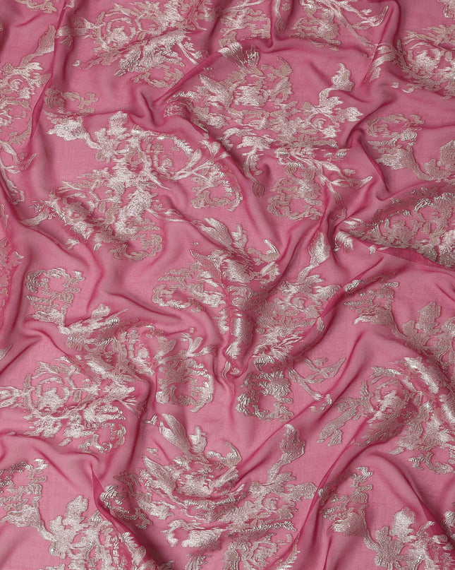 Rose Pink Silver Floral Metallic Lurex Silk Chiffon Fabric 110 Cms Wide, Made in South Korea-D27538