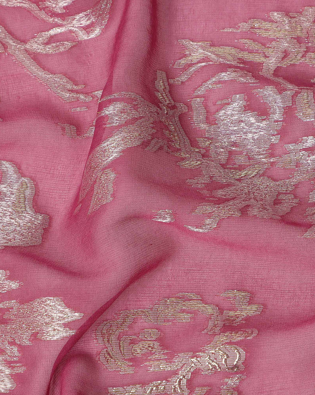 Rose Pink Silver Floral Metallic Lurex Silk Chiffon Fabric 110 Cms Wide, Made in South Korea-D27538