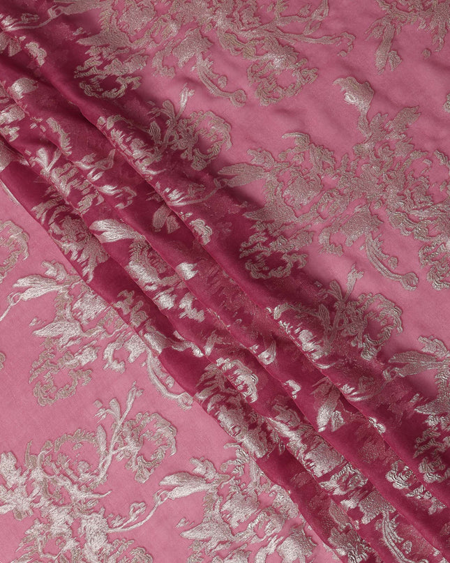 Rose Pink Silver Floral Metallic Lurex Silk Chiffon Fabric 110 Cms Wide, Made in South Korea-D27538