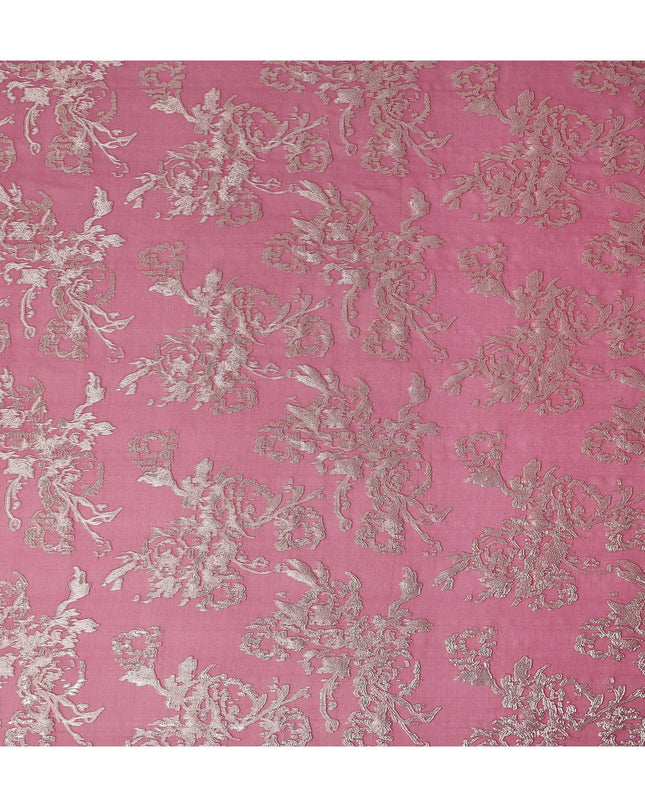 Rose Pink Silver Floral Metallic Lurex Silk Chiffon Fabric 110 Cms Wide, Made in South Korea-D27538