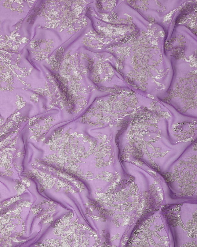 Lavender Purple Silver Floral Metallic Lurex Silk Chiffon Fabric 110 Cms Wide, Made in South Korea-D27537