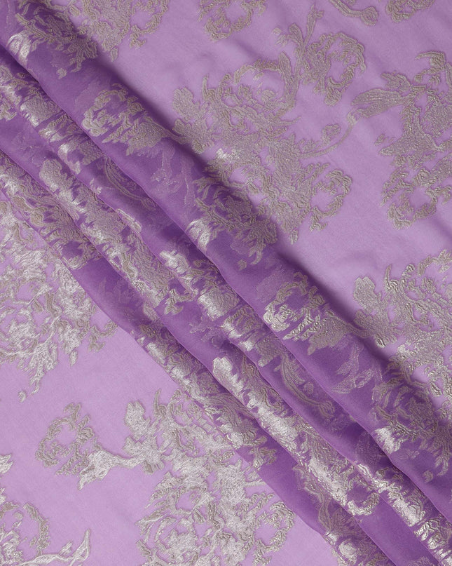 Lavender Purple Silver Floral Metallic Lurex Silk Chiffon Fabric 110 Cms Wide, Made in South Korea-D27537