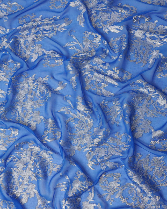 Royal Blue Silver Floral Metallic Lurex Silk Chiffon Fabric 110 Cms Wide, Made in South Korea-D27536
