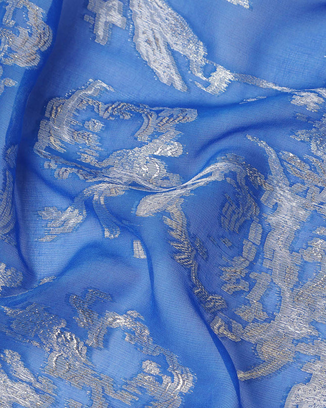 Royal Blue Silver Floral Metallic Lurex Silk Chiffon Fabric 110 Cms Wide, Made in South Korea-D27536