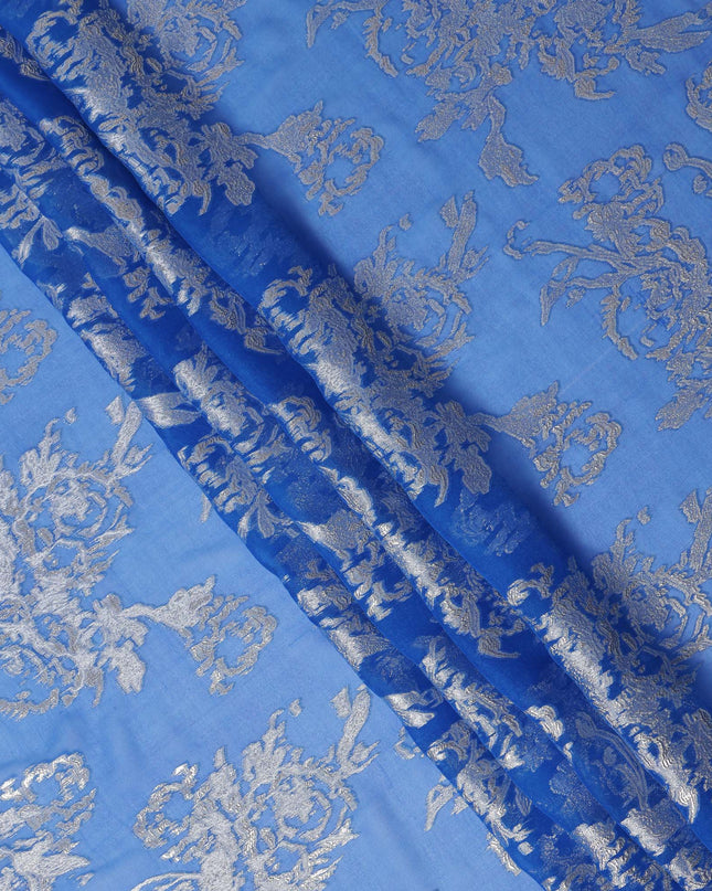 Royal Blue Silver Floral Metallic Lurex Silk Chiffon Fabric 110 Cms Wide, Made in South Korea-D27536