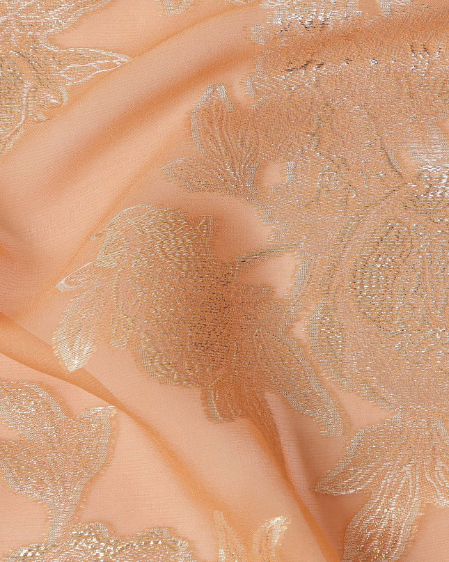 Apricot Peach Silver Floral Metallic Lurex Silk Chiffon Fabric 110 Cms Wide, Made in South Korea-D27535