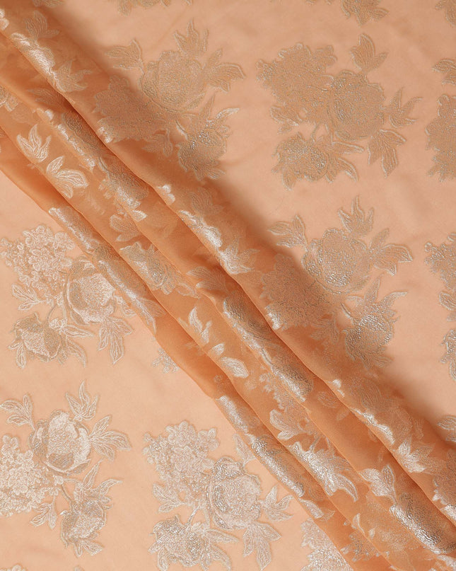 Apricot Peach Silver Floral Metallic Lurex Silk Chiffon Fabric 110 Cms Wide, Made in South Korea-D27535