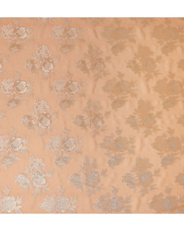 Apricot Peach Silver Floral Metallic Lurex Silk Chiffon Fabric 110 Cms Wide, Made in South Korea-D27535