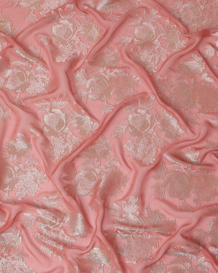 Peach Pink Silver Floral Metallic Lurex Silk Chiffon Fabric 110 Cms Wide, Made in South Korea-D27530 - Regal Fabrics