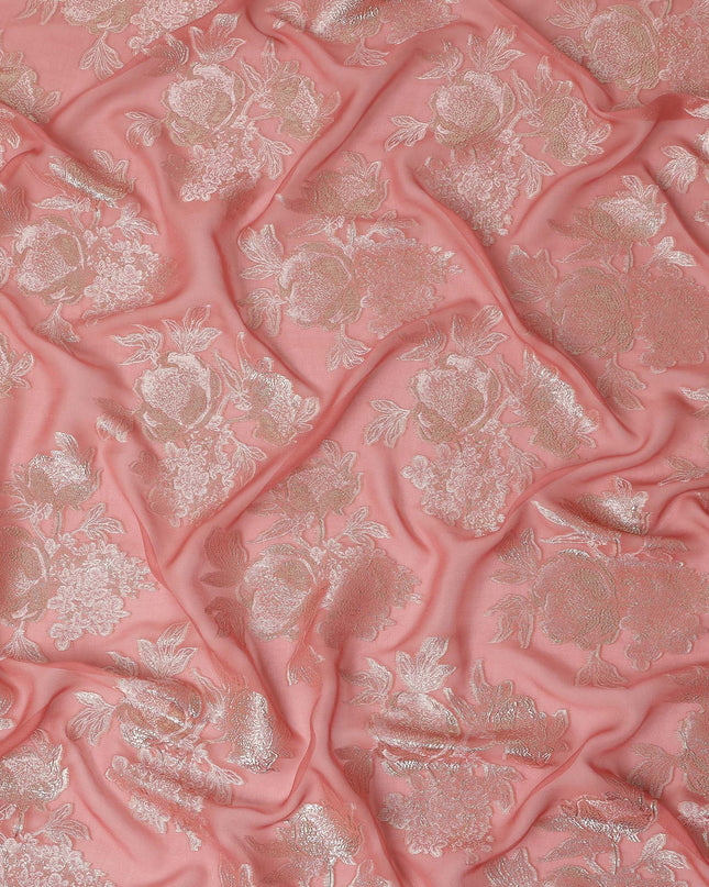 Peach Pink Silver Floral Metallic Lurex Silk Chiffon Fabric 110 Cms Wide, Made in South Korea-D27530