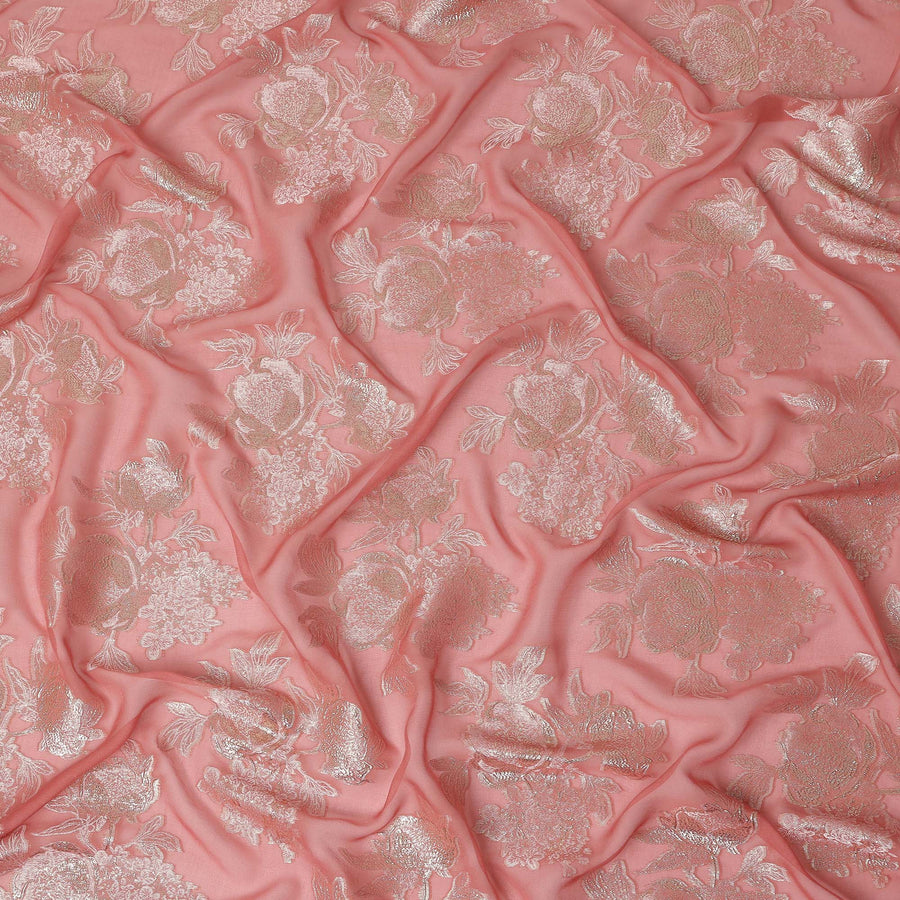 Peach Pink Silver Floral Metallic Lurex Silk Chiffon Fabric 110 Cms Wide, Made in South Korea-D27530 - Regal Fabrics