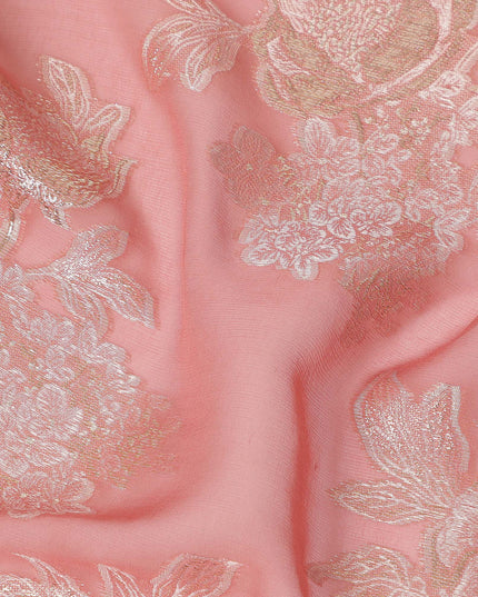 Peach Pink Silver Floral Metallic Lurex Silk Chiffon Fabric 110 Cms Wide, Made in South Korea-D27530 - Regal Fabrics
