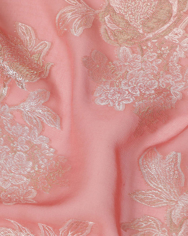 Peach Pink Silver Floral Metallic Lurex Silk Chiffon Fabric 110 Cms Wide, Made in South Korea-D27530
