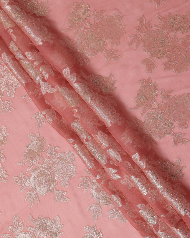 Peach Pink Silver Floral Metallic Lurex Silk Chiffon Fabric 110 Cms Wide, Made in South Korea-D27530