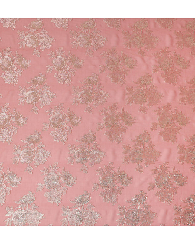 Peach Pink Silver Floral Metallic Lurex Silk Chiffon Fabric 110 Cms Wide, Made in South Korea-D27530