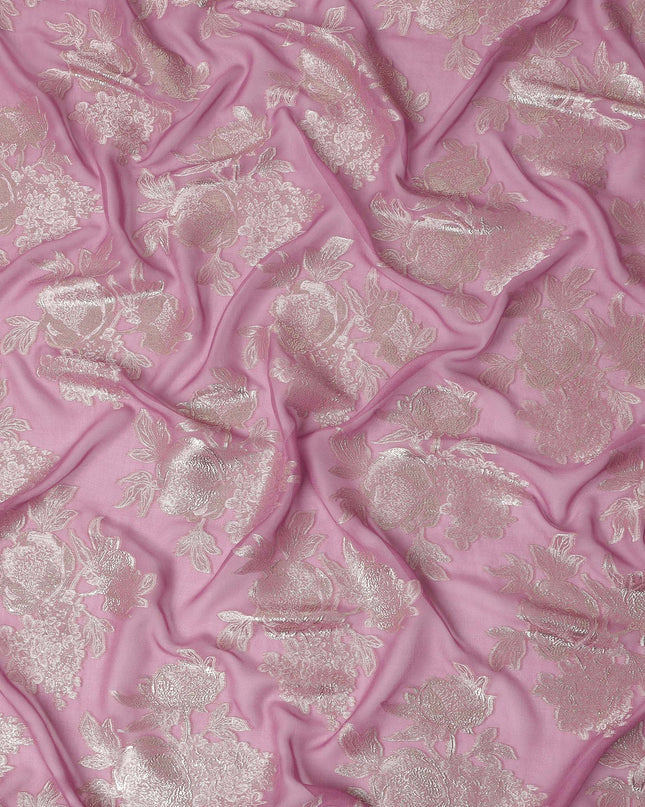 Mauve Pink Silver Floral Metallic Lurex Silk Chiffon Fabric 110 Cms Wide, Made in South Korea-D27534