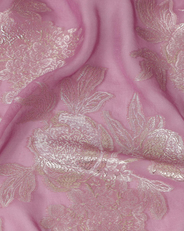 Mauve Pink Silver Floral Metallic Lurex Silk Chiffon Fabric 110 Cms Wide, Made in South Korea-D27534