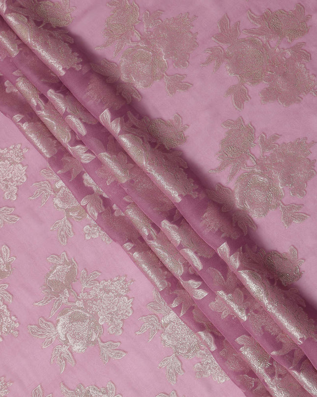 Mauve Pink Silver Floral Metallic Lurex Silk Chiffon Fabric 110 Cms Wide, Made in South Korea-D27534