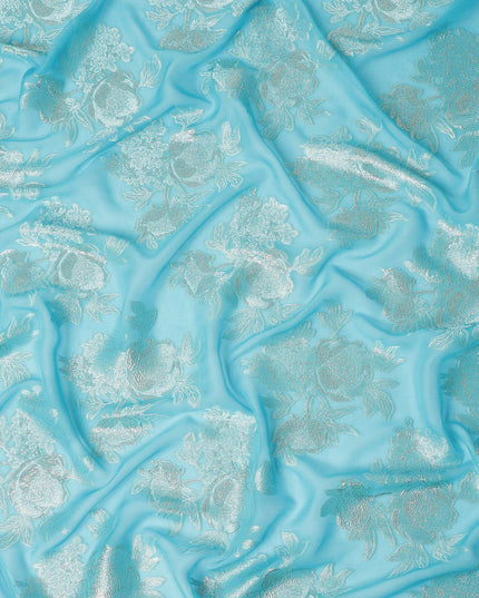 Aqua Blue Silver Floral Metallic Lurex Silk Chiffon Fabric 110 Cms Wide, Made in South Korea-D27531 - Regal Fabrics