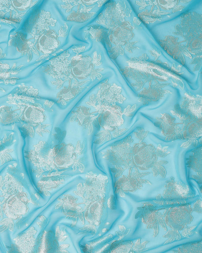Aqua Blue Silver Floral Metallic Lurex Silk Chiffon Fabric 110 Cms Wide, Made in South Korea-D27531
