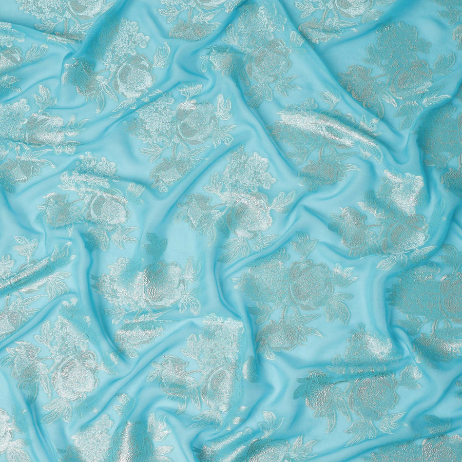Aqua Blue Silver Floral Metallic Lurex Silk Chiffon Fabric 110 Cms Wide, Made in South Korea-D27531 - Regal Fabrics