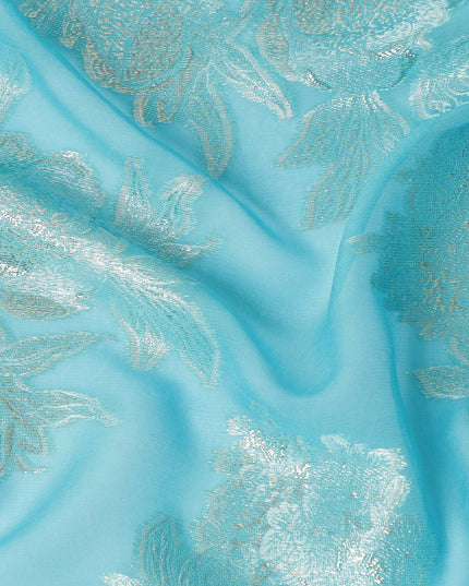 Aqua Blue Silver Floral Metallic Lurex Silk Chiffon Fabric 110 Cms Wide, Made in South Korea-D27531 - Regal Fabrics