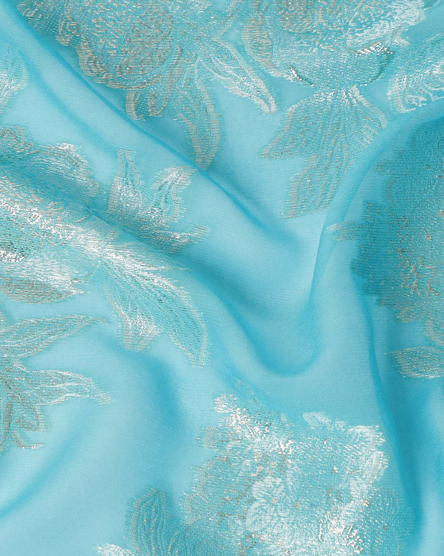 Aqua Blue Silver Floral Metallic Lurex Silk Chiffon Fabric 110 Cms Wide, Made in South Korea-D27531