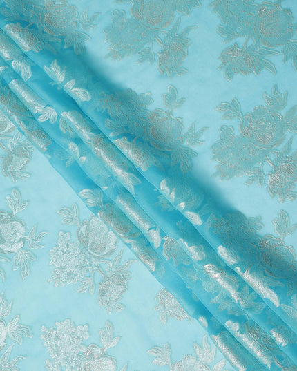 Aqua Blue Silver Floral Metallic Lurex Silk Chiffon Fabric 110 Cms Wide, Made in South Korea-D27531 - Regal Fabrics