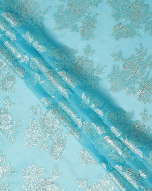 Aqua Blue Silver Floral Metallic Lurex Silk Chiffon Fabric 110 Cms Wide, Made in South Korea-D27531