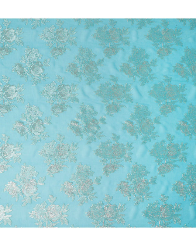 Aqua Blue Silver Floral Metallic Lurex Silk Chiffon Fabric 110 Cms Wide, Made in South Korea-D27531