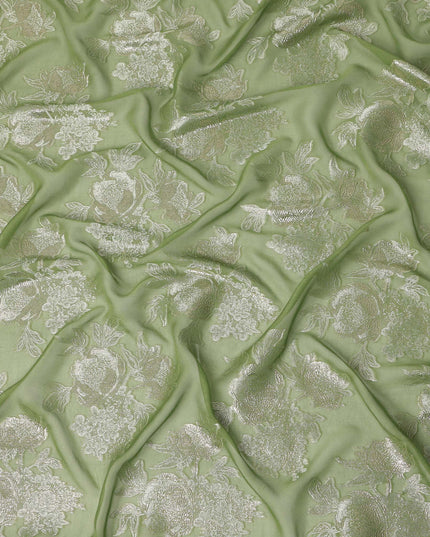 Sage Green Silver Floral Metallic Lurex Silk Chiffon Fabric 110 Cms Wide, Made in South Korea-D27532 - Regal Fabrics