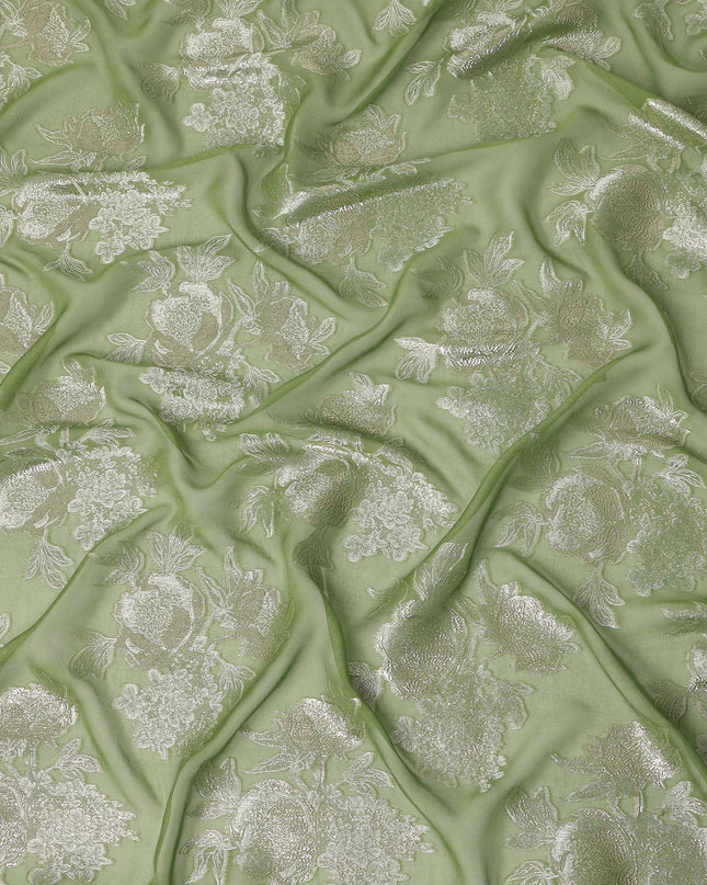 Sage Green Silver Floral Metallic Lurex Silk Chiffon Fabric 110 Cms Wide, Made in South Korea-D27532
