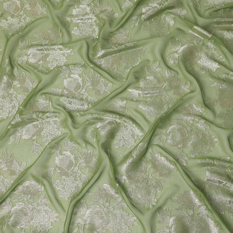 Sage Green Silver Floral Metallic Lurex Silk Chiffon Fabric 110 Cms Wide, Made in South Korea-D27532 - Regal Fabrics