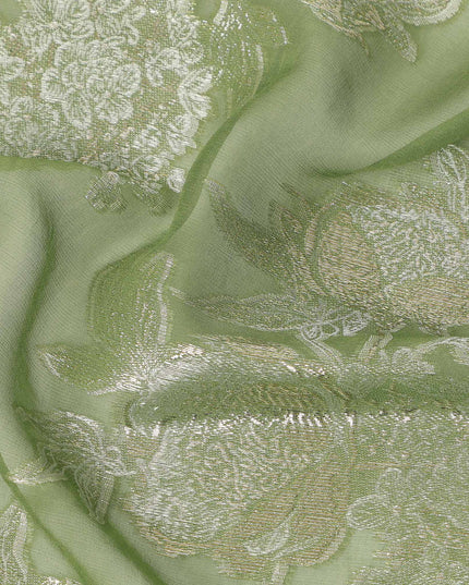 Sage Green Silver Floral Metallic Lurex Silk Chiffon Fabric 110 Cms Wide, Made in South Korea-D27532 - Regal Fabrics