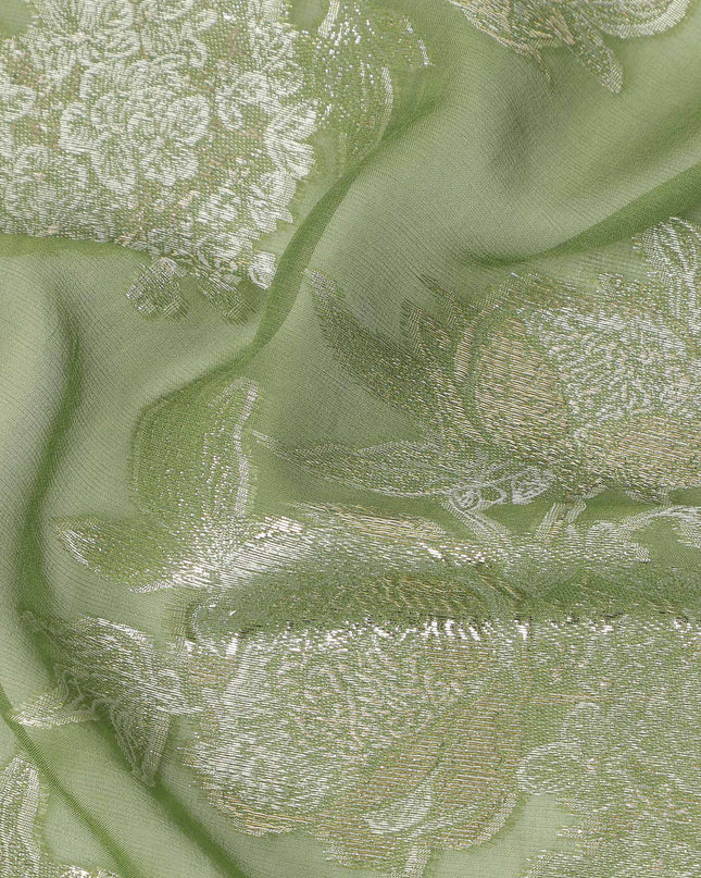 Sage Green Silver Floral Metallic Lurex Silk Chiffon Fabric 110 Cms Wide, Made in South Korea-D27532