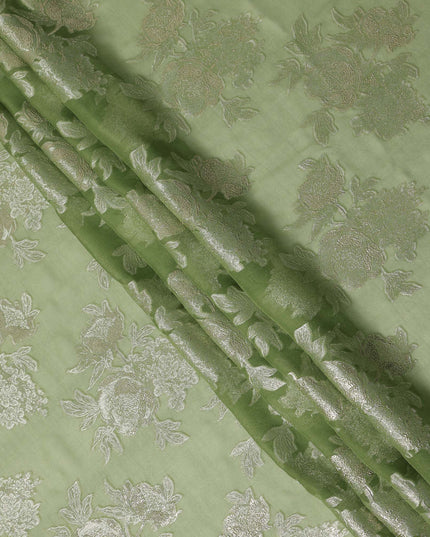 Sage Green Silver Floral Metallic Lurex Silk Chiffon Fabric 110 Cms Wide, Made in South Korea-D27532 - Regal Fabrics
