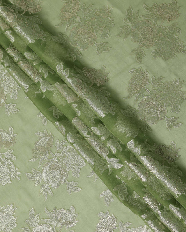 Sage Green Silver Floral Metallic Lurex Silk Chiffon Fabric 110 Cms Wide, Made in South Korea-D27532