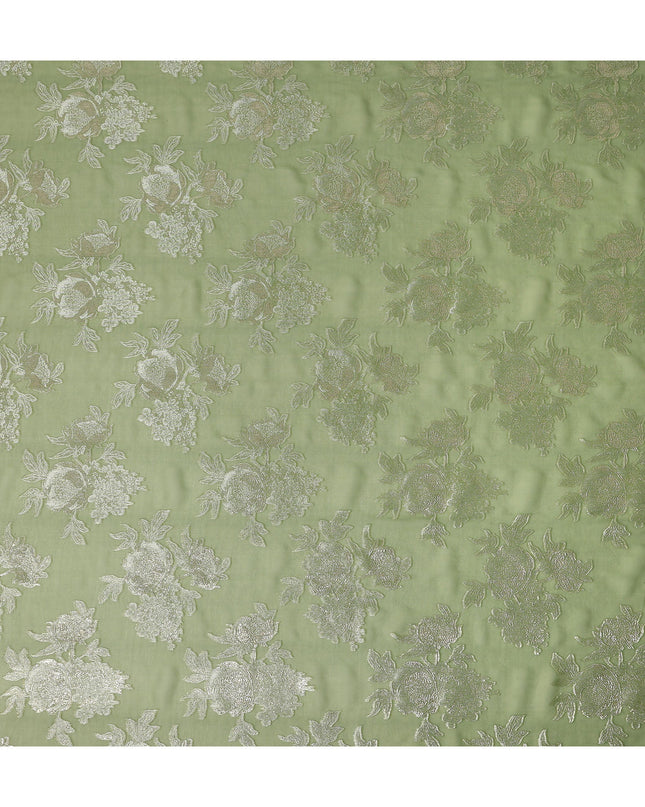 Sage Green Silver Floral Metallic Lurex Silk Chiffon Fabric 110 Cms Wide, Made in South Korea-D27532