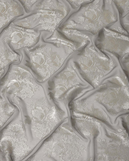 Pearl Grey Silver Floral Metallic Lurex Silk Chiffon Fabric 110 Cms Wide, Made in South Korea-D27533 - Regal Fabrics