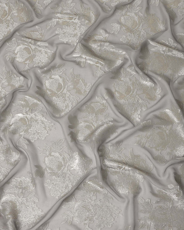 Pearl Grey Silver Floral Metallic Lurex Silk Chiffon Fabric 110 Cms Wide, Made in South Korea-D27533 - Regal Fabrics