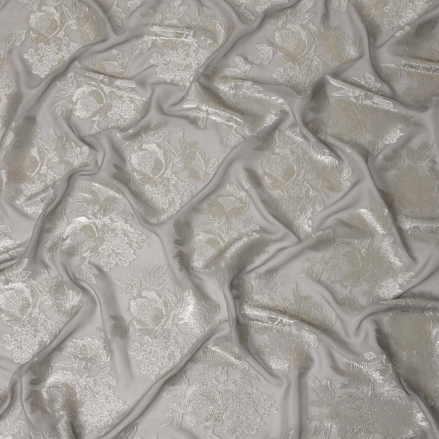 Pearl Grey Silver Floral Metallic Lurex Silk Chiffon Fabric 110 Cms Wide, Made in South Korea-D27533 - Regal Fabrics