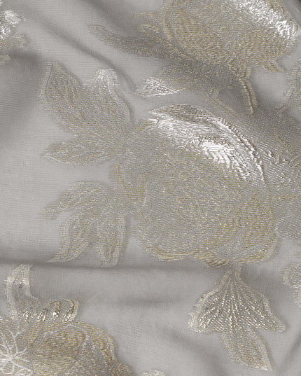 Pearl Grey Silver Floral Metallic Lurex Silk Chiffon Fabric 110 Cms Wide, Made in South Korea-D27533 - Regal Fabrics