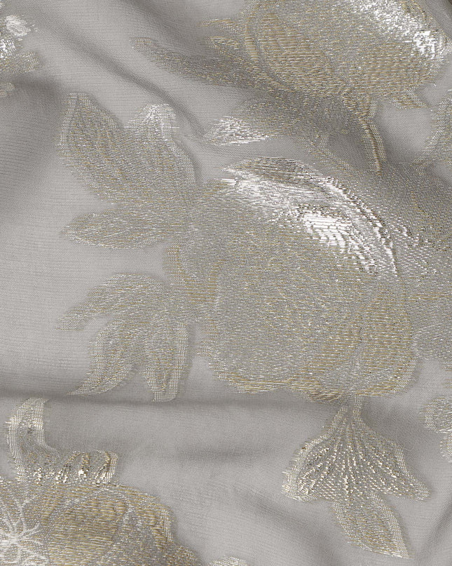 Pearl Grey Silver Floral Metallic Lurex Silk Chiffon Fabric 110 Cms Wide, Made in South Korea-D27533 - Regal Fabrics