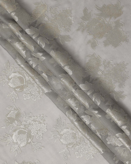 Pearl Grey Silver Floral Metallic Lurex Silk Chiffon Fabric 110 Cms Wide, Made in South Korea-D27533 - Regal Fabrics