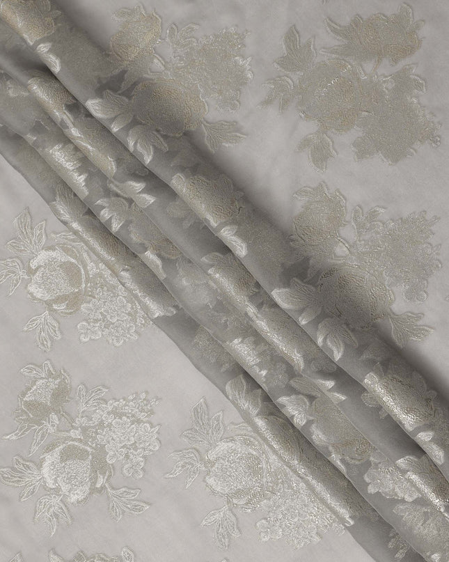 Pearl Grey Silver Floral Metallic Lurex Silk Chiffon Fabric 110 Cms Wide, Made in South Korea-D27533 - Regal Fabrics