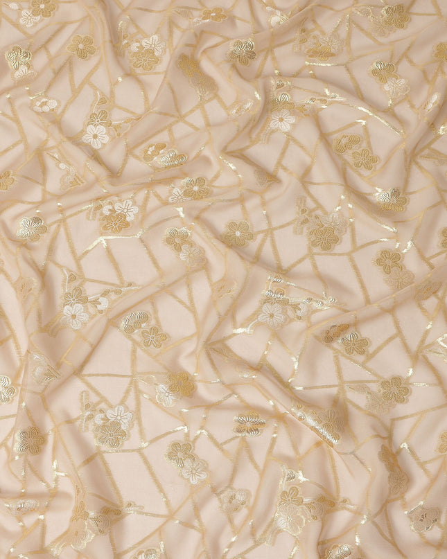 Nude Beige Gold Floral Geometric Metallic Lurex Silk Chiffon Fabric 110 Cms Wide, Made in South Korea-D27543