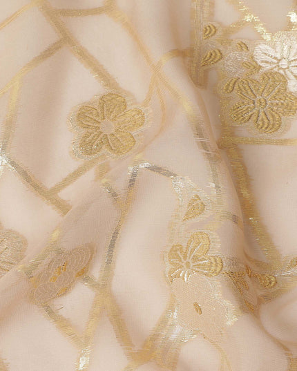 Nude Beige Gold Floral Geometric Metallic Lurex Silk Chiffon Fabric 110 Cms Wide, Made in South Korea-D27543